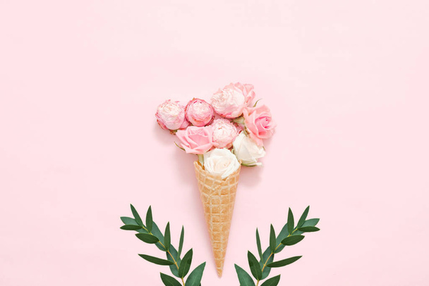 creative floral composition rose waffle cone pink - Photo, Image