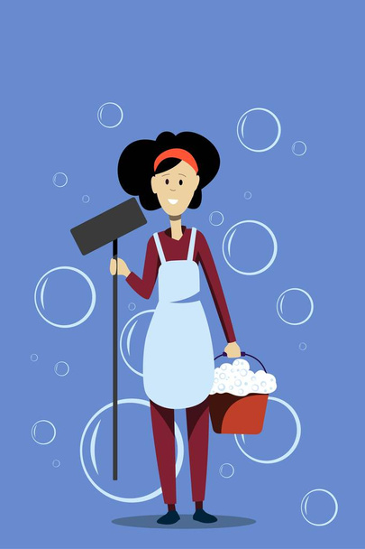 Młoda dziewczyna sprzątająca w mundurze stoi z mopem w ręku na tle baniek mydlanych. Sprzątanie. Ilustracja wektora. - Wektor, obraz