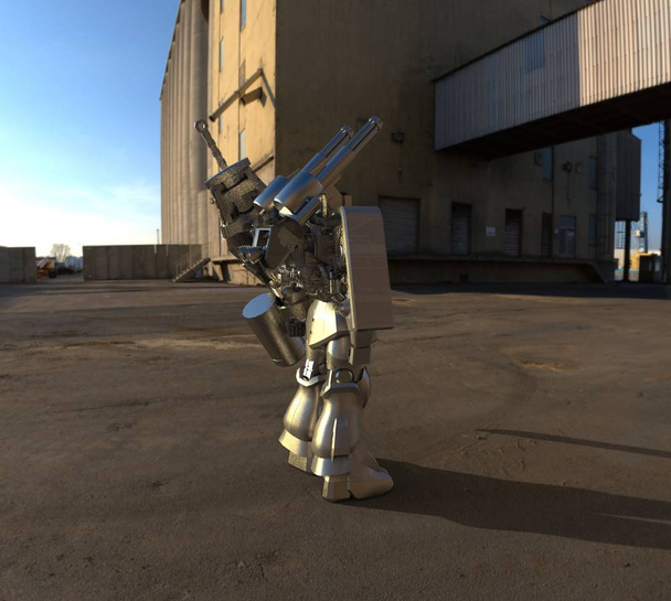 Fantascienza mech soldato in piedi su uno sfondo paesaggio. Robot futuristico militare con metallo di colore verde e grigio. Mech controllato da un pilota. Robot con armatura in metallo graffiato. Battaglia di Mech. Rendering 3D
 - Foto, immagini
