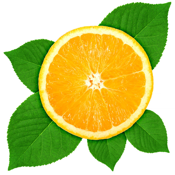Single cross section of orange with green leaf - Φωτογραφία, εικόνα