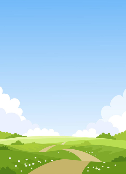 Card with a simple landscape, green meadows, blue sky with clouds. Spring natural background. Summer park with a trail. Vector illustration with copy space. - Вектор,изображение