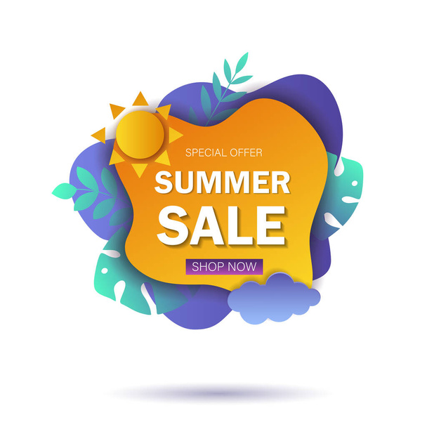 Summer sale banner template. Liquid summer bubble with tropic leaf. Tropical summer background and summer backdrop. Promo badge for seasonal offer, summer promotion, summer advertising. Vector summer  - Вектор, зображення