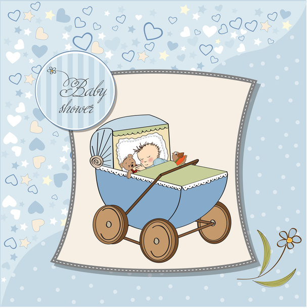 baby boy shower kártya retro strolller - Fotó, kép
