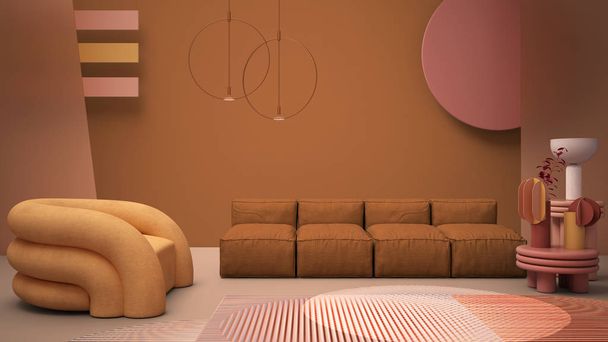 Turuncu renkli modern oturma odası, pastel renkler, kanepe, koltuk, halı, sehpa, buzlu cam paneller, bakır kolye lambaları. İç tasarım atmosferi, mimari fikir - Fotoğraf, Görsel
