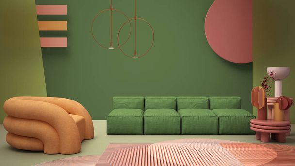 Zelená barva moderní obývací pokoj, pastelové barvy, pohovka, křeslo, koberec, konferenční stoly, matné skleněné panely, měděné přívěsky lampy. interiér design atmosféra, architektura nápad - Fotografie, Obrázek