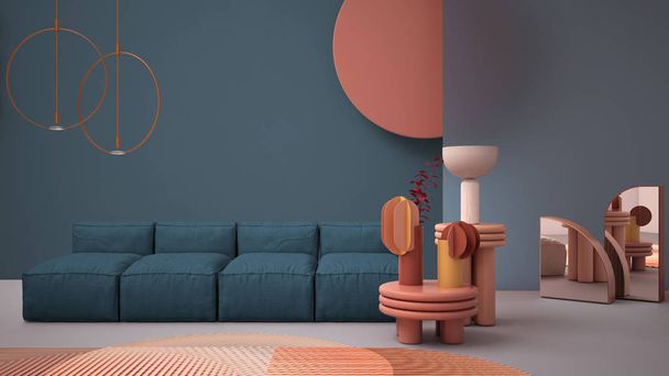 Sala de estar contemporânea de cor azul, cores pastel, sofá, vasos, tapete, mesas de café, painéis de vidro fosco, lâmpadas de pingente de cobre. Ambiente de design de interiores, ideia de arquitetura
 - Foto, Imagem