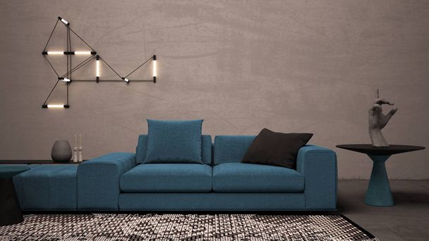 Colorato soggiorno con parete e pavimento in gesso di cemento, salotto con grande divano blu, tavolini e decori, moquette, lampade da parete, idea concetto di interior design expo
 - Foto, immagini