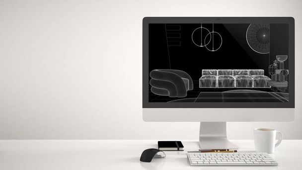 Architetto concetto di progetto di casa, computer desktop su sfondo bianco, scrivania che mostra schizzo CAD, soggiorno moderno con divano e moquette interior design
 - Foto, immagini
