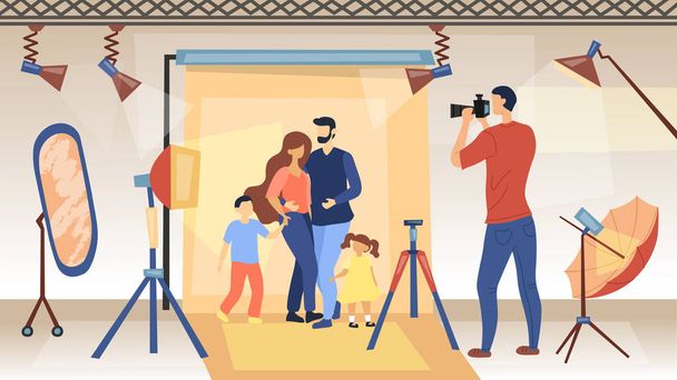 Photo Session Concept. Photographer With Camera Is Taking Shots Of Family For Glamour Magazine Advertising. Studio Photo Shoot With Professional Equipment. Cartoon Flat style. Vector illustration - Vector, Image