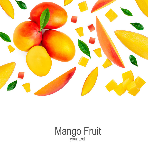 Mango isolated on the white background. Pile of fresh tropical mangoes top view - Foto, Imagem