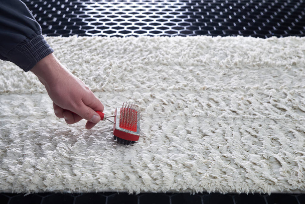 Cleaning wet carpet with metal brush in cleaning service - Fotoğraf, Görsel