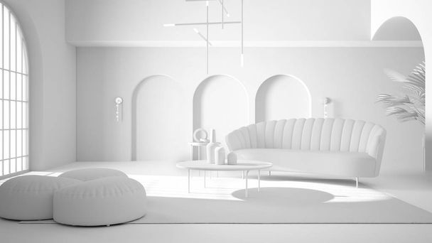 Proyecto blanco total de elegante sala de estar clásica con arcos y ventanas y puertas arqueadas. Sofá con pufs, alfombra, lámpara colgante, mesas de café, jarrones. Idea moderna de diseño de interiores
 - Foto, imagen