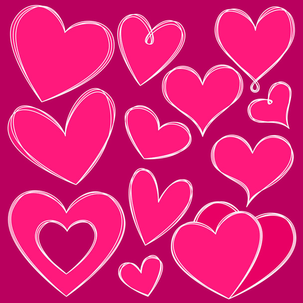 Vector set of hand-drawn pink hearts with white lines. Hand drawing rough heart marker isolated on magenta background. Vector illustration for your graphic design - Wektor, obraz