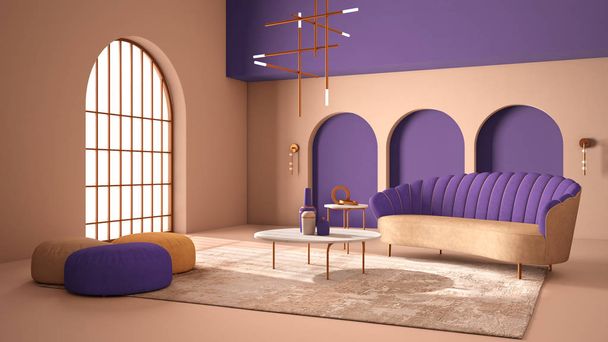 Elegante klassieke woonkamer met bogen en gebogen raam en deur. Paarse bank met poefs, tapijt, hanglamp, salontafels, vazen, decors. Modern interieur idee - Foto, afbeelding