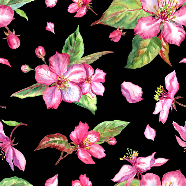 Seamless pattern of pink flowers of an apple tree on a black background, watercolor illustration, background for various designs, print for fabric, paper, etc. - Foto, afbeelding