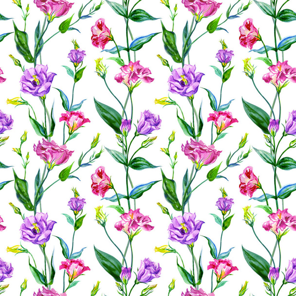Eustoma (lisianthus) seamless pattern on a white background, watercolor illustration, background for various designs, print for fabric, paper, etc. - Фото, изображение