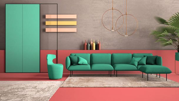 Vermelho e turquesa colorido sala de estar contemporânea, sofá, poltrona, carpete, paredes de concreto, vaso planta e decorações, lâmpadas de cobre. Ambiente de design de interiores, ideia de arquitetura
 - Foto, Imagem