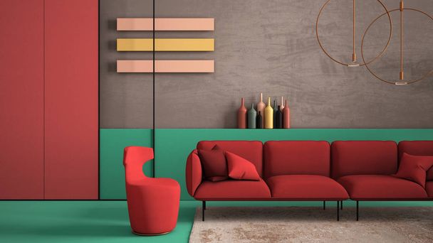 Červené a tyrkysové barevné moderní obývací pokoj, pohovka, křeslo, koberec, betonové stěny, panely a dekorace, měděné lampy. interiér design atmosféra, architektura nápad - Fotografie, Obrázek