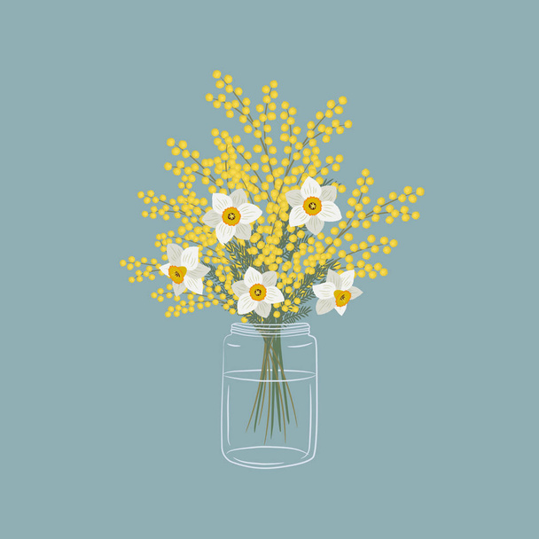 Mimosa und Narzissen im Glas. Gelbe und weiße Blüten mit Blättern. Frühlingsblumen. Florale Komposition. Vektor-Illustration auf blauem Hintergrund - Vektor, Bild