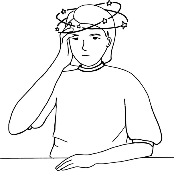 Handgezeichnete einfache Illustration eines jungen Mädchens mit Kopfschmerzen und Schwindel - Vektor, Bild