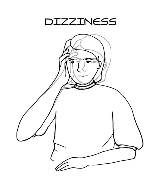 Dibujado a mano simple Ilustración de una joven con dolor de cabeza y mareos
 - Vector, Imagen