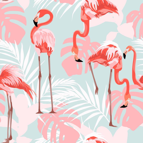 Pink flamingo, graphic palm leaves, blue background. Floral seamless pattern. Tropical illustration. Exotic plants, birds. Summer beach design. Paradise nature. - Vektor, obrázek