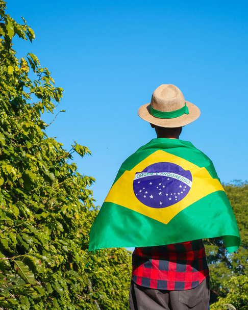 Viljelijä kahviplantaasilla, jolla Brasilian lippu
 - Valokuva, kuva