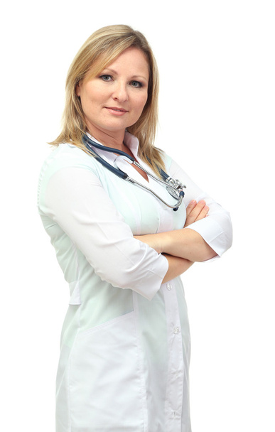 Young beautiful doctor with stethoscope isolated on white - Φωτογραφία, εικόνα