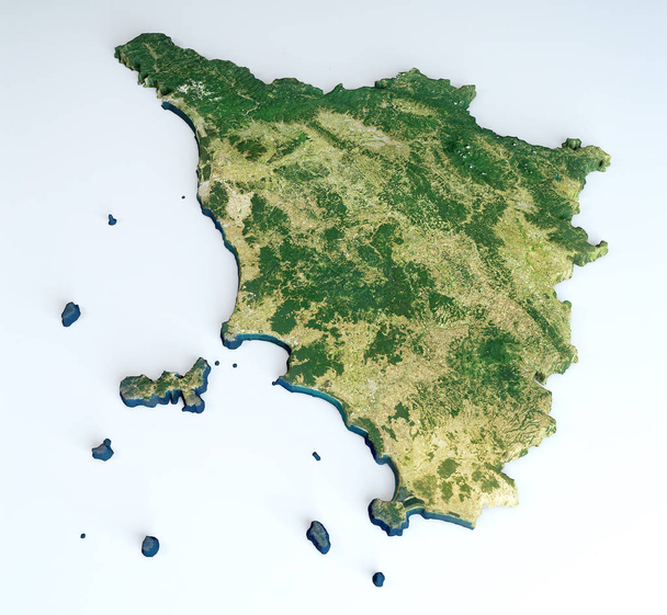 Vue satellite de la région Toscane. Italie. 3d rendu. Carte physique de la Toscane, plaines, montagnes, lacs, chaîne de montagnes des Apennins
 - Photo, image