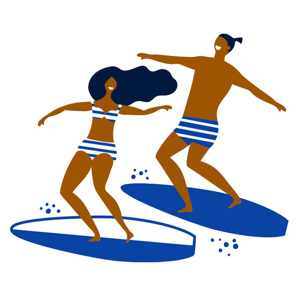 people on surfs ride on the waves on a white background - Vector, Image