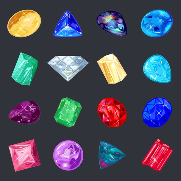 Assortment of jewelry, gem shop. Big vector set with red, yellow, pink, blue, green, purple minerals. - Vector, Image