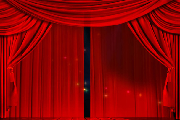 Színházi függöny és világítás a színpadon. A színházi függöny illusztrációja. - Fotó, kép