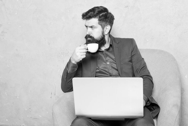 When business goes online. Professional salesman trading using computer at business office. Bearded man working on laptop and making business plan. Online business network communication - Φωτογραφία, εικόνα