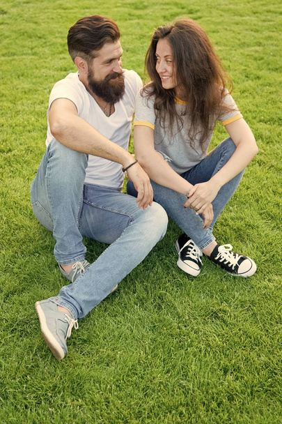 life together. romantic couple having fun together. summer relax in park. couple in love. valentines day. cute girl and bearded man hipster on green grass. perfect date. family weekend - Photo, Image