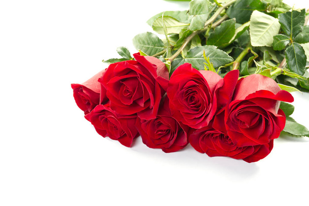 на білому тлі лежить прекрасний букет червоних троянд. Молоді червоні троянди дуже пахучі. Голландські квіти популярні по всьому світу і насолоджуються мільйонами жінок по всьому світу.. - Фото, зображення