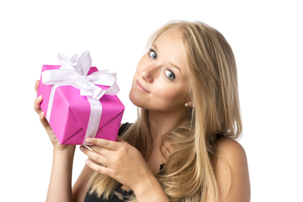 Blond girl with present - Foto, afbeelding