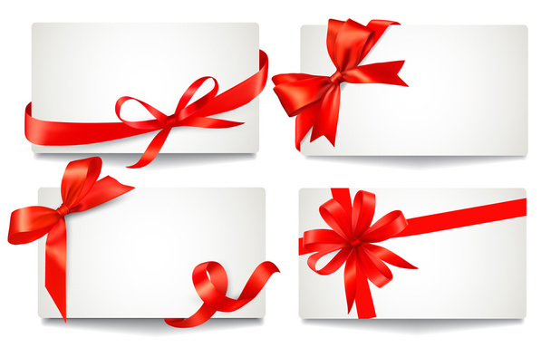 Set of beautiful gift cards with red gift bows with ribbons Vect - Vektor, kép