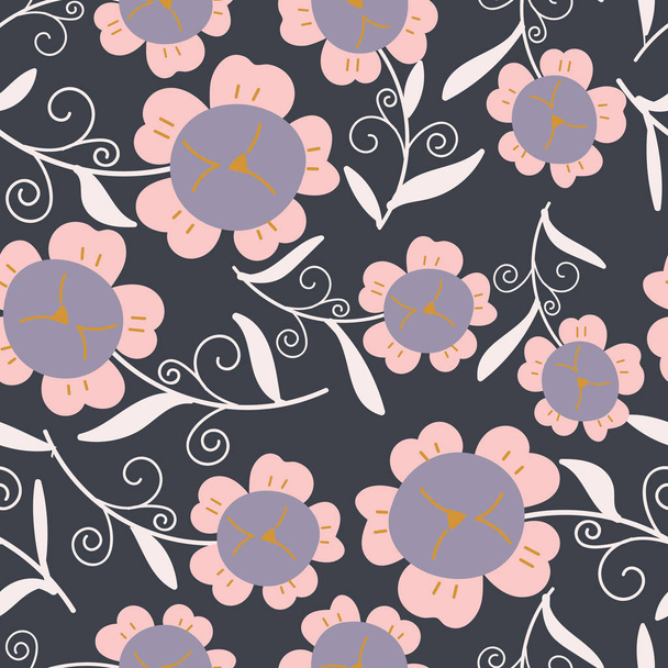 Fondo oscuro con grandes florales rosados y hojas largas blancas diseño de fondo sin costuras
. - Vector, Imagen