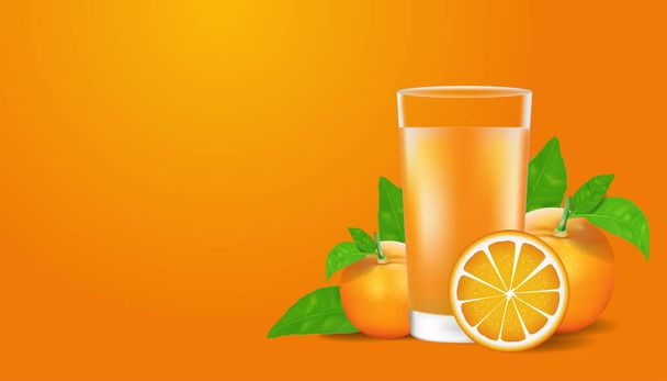 Orange juice and fruit with leaves isolated on background. Vector illustration in realistic style. - Vector, Image