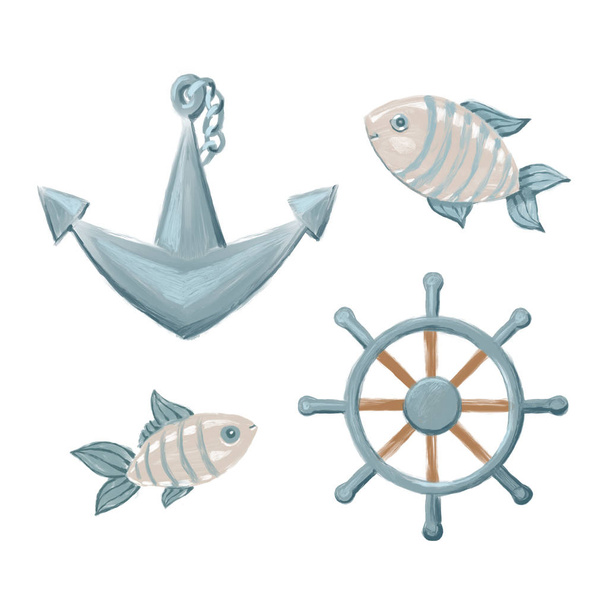 Anchor, fish and steering wheel. Sea symbols on white background - Photo, image