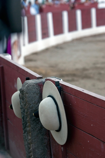 Un castoreno appeso alla barriera durante una corrida. Linares
, - Foto, immagini