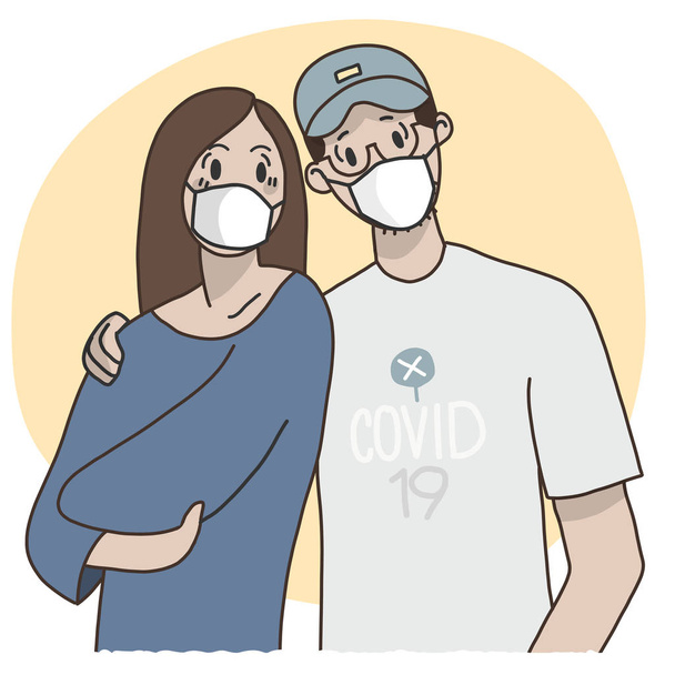 Τα ζευγάρια φορούν μάσκες για προστασία από τον ιό του στέμματος - Διάνυσμα, εικόνα