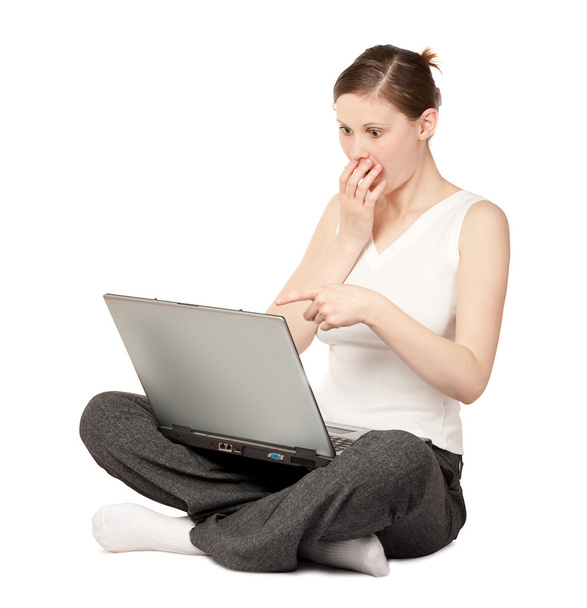 Surprized woman sitting with laptop - Fotó, kép