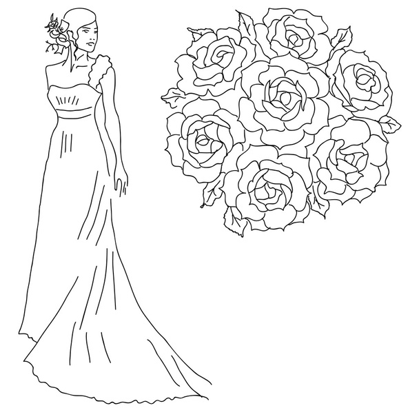Silhouette of a bride with a bouquet of flowers. - Vector, Image