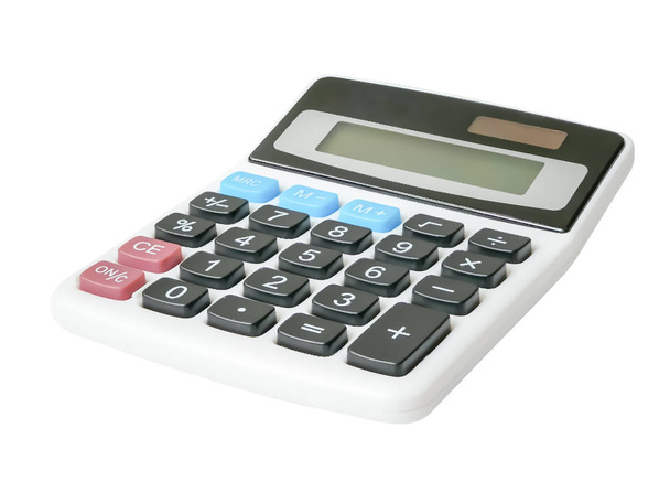 Cyfrowy kalkulator elektroniczny izolowany na białym tle. W tym ścieżka obcinania - Zdjęcie, obraz