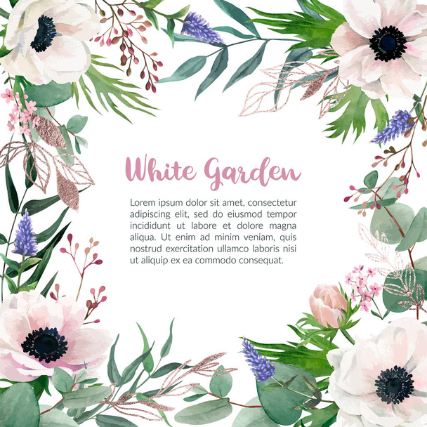 Watercolor blush pink anemones, frame, hand drawn vector - Vector, Image