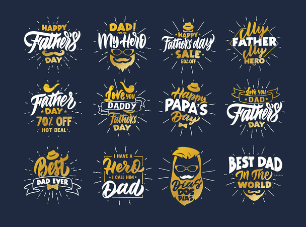 Set of vintage Happy father's day phrases. Gold emblems, badges, templates, stickers on blue background with rays - Vector, Image