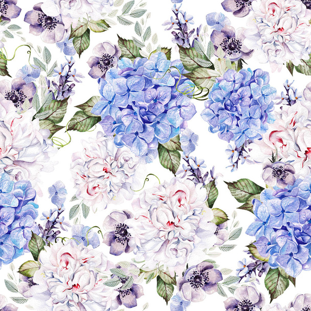Watercolor colorful pattern with peony, hudrangea and anemone.  - Photo, Image