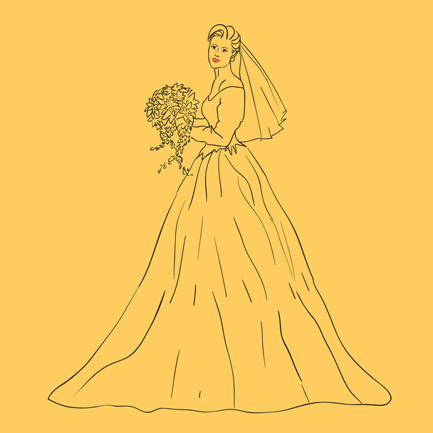 Novia en vestido de novia blanco con ramo
 - Vector, Imagen