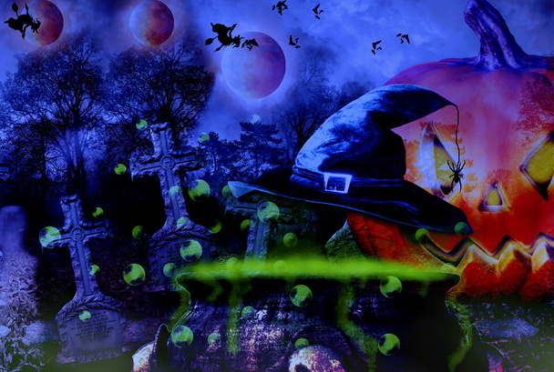 Halloween background with glowing green cauldron - Photo, Image